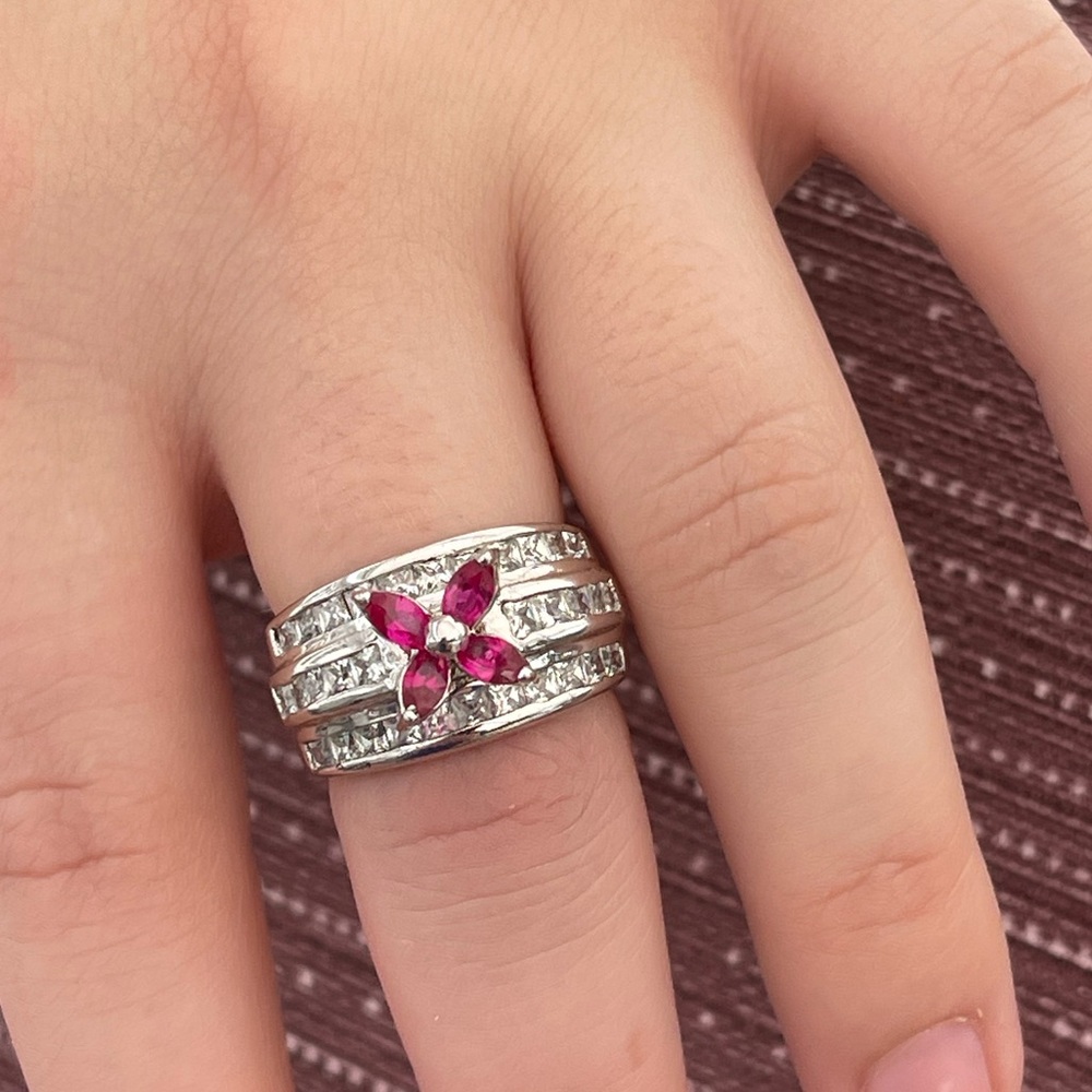 Simulated Ruby & Diamond 3 Row Cocktail Ring - image 1